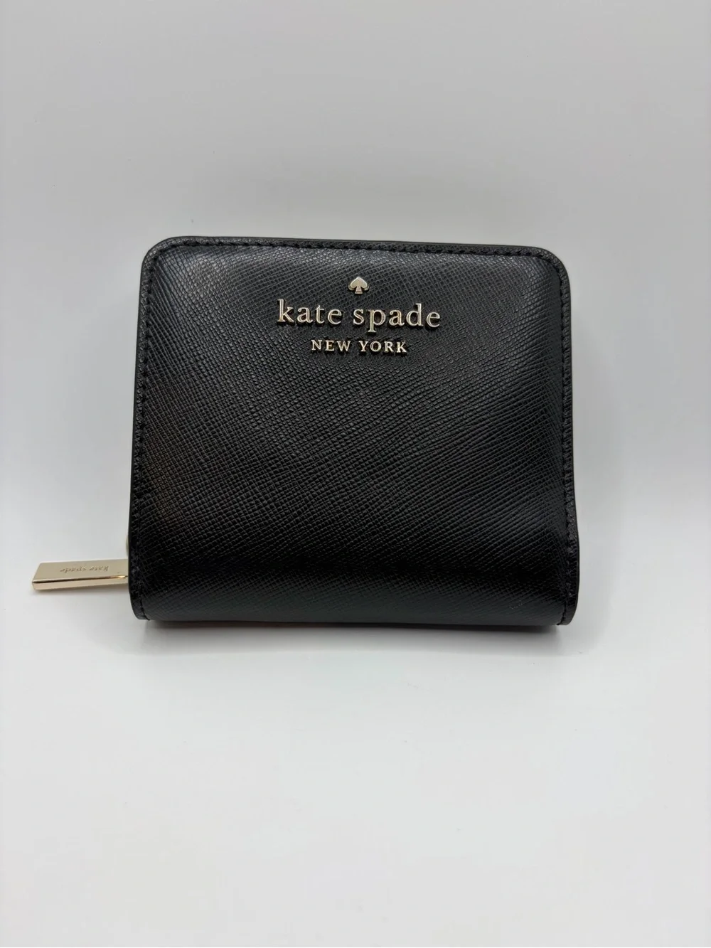 kate spade Black Compact Saffiano Zip Wallet with Gold Logo